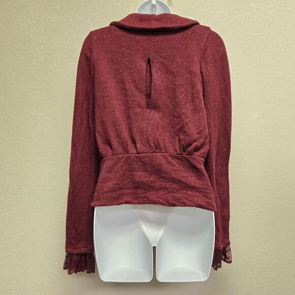 Vintage Style Y2K Preppy Academia Burgundy Cardigan Jacket Lace Cuffs & Button F - Picture 3 of 10